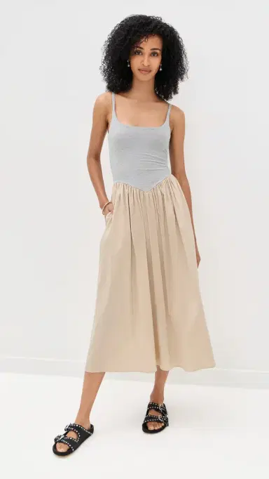 LE BOP Alix Mixed Fabric Tank Dress Heather Grey/Khaki | Thumbnail 2 LE BOP Alix Mixed Fabric Tank Dress Heather Grey/Khaki | Thumbnail 2