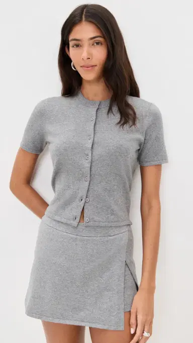 LE BOP Short Sleeve Cardigan Heather Grey | Thumbnail 2 LE BOP Short Sleeve Cardigan Heather Grey | Thumbnail 2