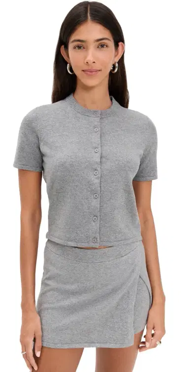 LE BOP Short Sleeve Cardigan Heather Grey | Thumbnail 1 LE BOP Short Sleeve Cardigan Heather Grey | Thumbnail 1
