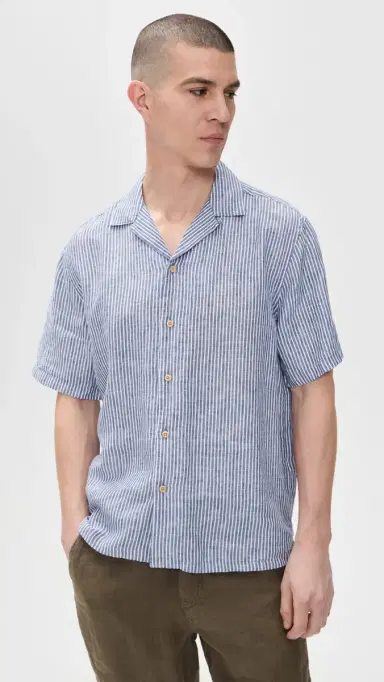 Faherty Short Sleeve Laguna Linen Camp Shirt Cloud Waters tripe | Thumbnail 2 Faherty Short Sleeve Laguna Linen Camp Shirt Cloud Waters tripe | Thumbnail 2