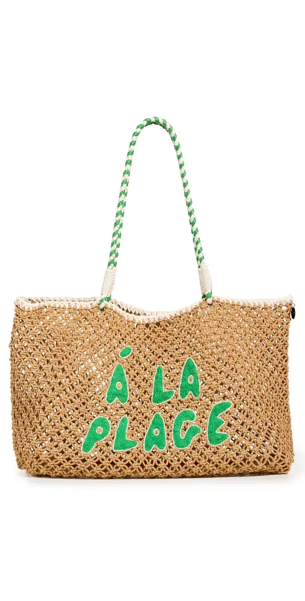 L'ete Tote Tan Crochet w/ Green A La Plag One Size L'ete Tote Tan Crochet w/ Green A La Plag One Size