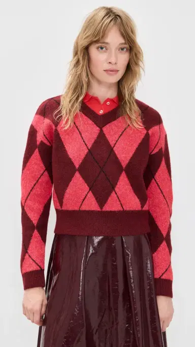 LE BOP Rae Arglye V Neck weater Burgundy Combo | Thumbnail 2 LE BOP Rae Arglye V Neck weater Burgundy Combo | Thumbnail 2