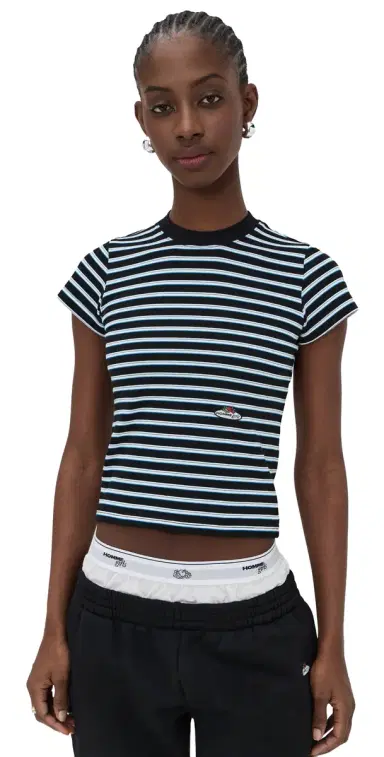 Hommegirls Homme Girls x Fruit of the Loom Striped Baby Tee Black Blue Stripe | Thumbnail 1 Hommegirls Homme Girls x Fruit of the Loom Striped Baby Tee Black Blue Stripe | Thumbnail 1