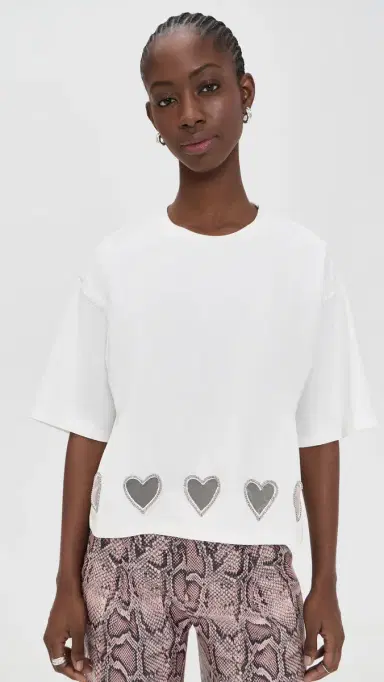 ALICE + OLIVIA Oversized Cropped Crystal Heart Tee Off White | Thumbnail 2 ALICE + OLIVIA Oversized Cropped Crystal Heart Tee Off White | Thumbnail 2