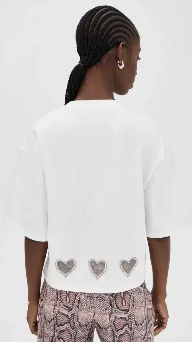 ALICE + OLIVIA Oversized Cropped Crystal Heart Tee Off White | Thumbnail 3 ALICE + OLIVIA Oversized Cropped Crystal Heart Tee Off White | Thumbnail 3