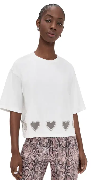 ALICE + OLIVIA Oversized Cropped Crystal Heart Tee Off White | Thumbnail 1 ALICE + OLIVIA Oversized Cropped Crystal Heart Tee Off White | Thumbnail 1