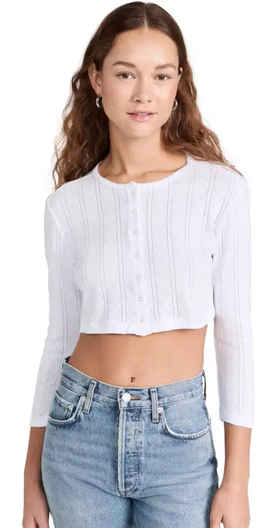 COUCOU The Cropped Cardi: Pointelle White | Thumbnail 1 COUCOU The Cropped Cardi: Pointelle White | Thumbnail 1
