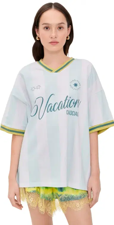Ciao Ciao Vacation Vacation Stripe Soccer Tee Blue/Pink | Thumbnail 1 Ciao Ciao Vacation Vacation Stripe Soccer Tee Blue/Pink | Thumbnail 1