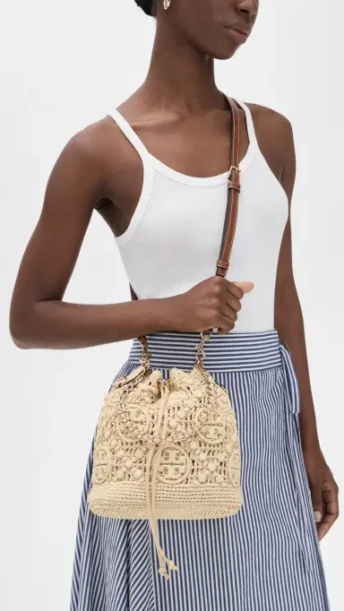 Tory Burch T Monogram Raffia Bucket Bag Natural One Size | Thumbnail 3 Tory Burch T Monogram Raffia Bucket Bag Natural One Size | Thumbnail 3