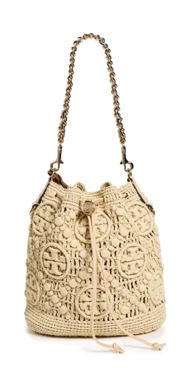 Tory Burch T Monogram Raffia Bucket Bag Natural One Size | Thumbnail 1 Tory Burch T Monogram Raffia Bucket Bag Natural One Size | Thumbnail 1