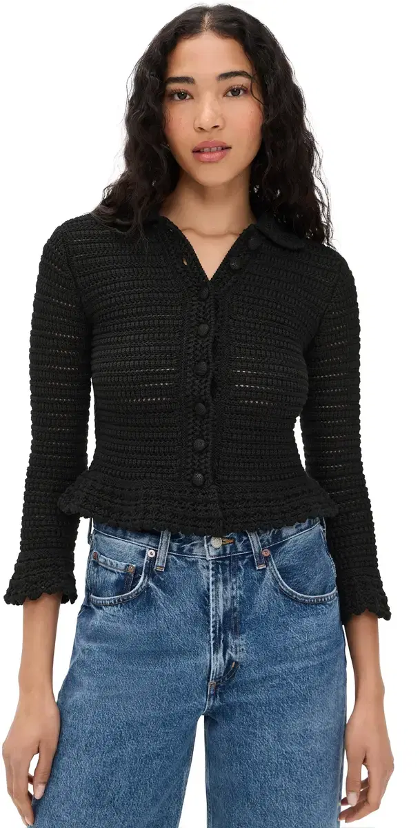 Pointelle Knit Peplum Cardigan Jet Black Pointelle Knit Peplum Cardigan Jet Black