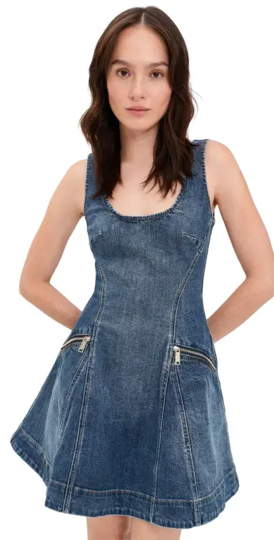 Self-Portrait Denim Flared Mini Dress Blue | Thumbnail 1 Self-Portrait Denim Flared Mini Dress Blue | Thumbnail 1