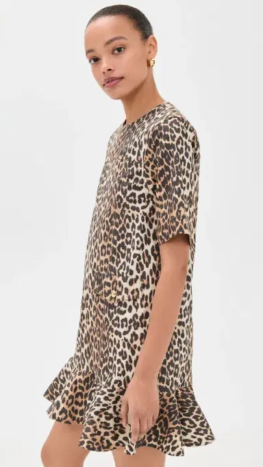 GANNI Printed Stretch Cotton Mini Dress with Frill Almond Milk | Thumbnail 4 GANNI Printed Stretch Cotton Mini Dress with Frill Almond Milk | Thumbnail 4