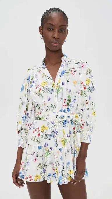 ALICE + OLIVIA Cora Tiered Mini Shirt Dress Twisting Vines Off White | Thumbnail 2 ALICE + OLIVIA Cora Tiered Mini Shirt Dress Twisting Vines Off White | Thumbnail 2