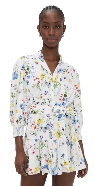 ALICE + OLIVIA Cora Tiered Mini Shirt Dress Twisting Vines Off White | Thumbnail 1 ALICE + OLIVIA Cora Tiered Mini Shirt Dress Twisting Vines Off White | Thumbnail 1