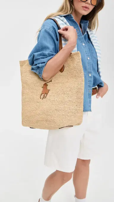 Polo Ralph Lauren Large Raffia Tote Natural/Cuoio One Size | Thumbnail 3 Polo Ralph Lauren Large Raffia Tote Natural/Cuoio One Size | Thumbnail 3