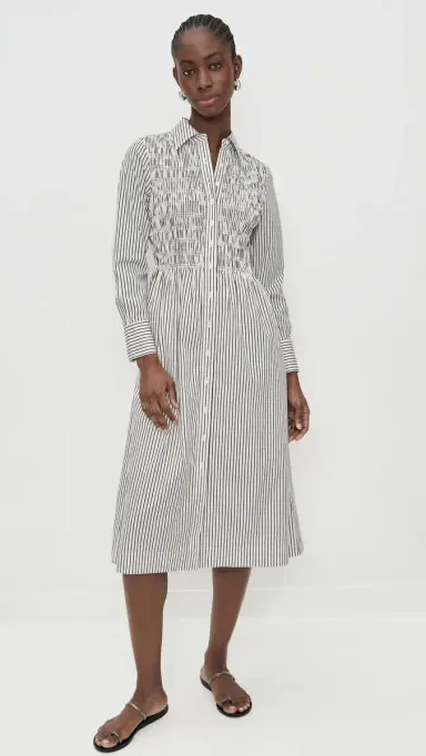 Madewell Smocked Midi Shirt Dress White Black Stripe | Thumbnail 2 Madewell Smocked Midi Shirt Dress White Black Stripe | Thumbnail 2
