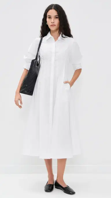 MEIMEIJ Cotton Stretch 3/4 Sleeve Shirt Dress Off White | Thumbnail 2 MEIMEIJ Cotton Stretch 3/4 Sleeve Shirt Dress Off White | Thumbnail 2