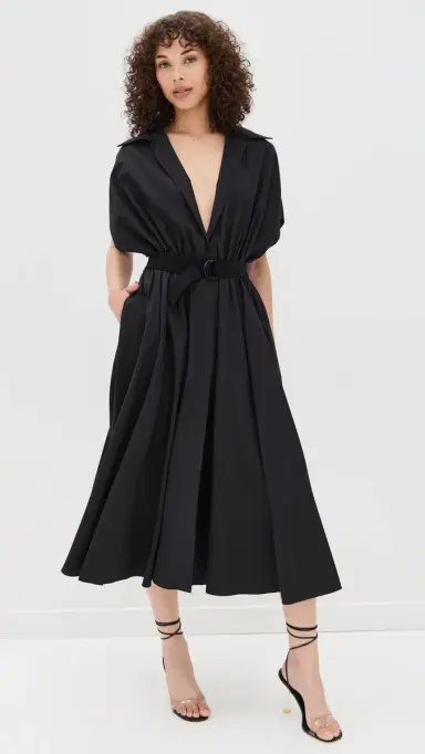 Norma Kamali Belted Flared Midi Shirt Dress Black | Thumbnail 2 Norma Kamali Belted Flared Midi Shirt Dress Black | Thumbnail 2