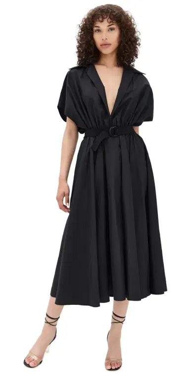 Norma Kamali Belted Flared Midi Shirt Dress Black | Thumbnail 1 Norma Kamali Belted Flared Midi Shirt Dress Black | Thumbnail 1