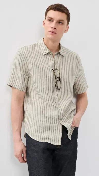 Vince Ballston tripe Short Sleeve Hemp Shirt Parchment/Coastal tripe | Thumbnail 2 Vince Ballston tripe Short Sleeve Hemp Shirt Parchment/Coastal tripe | Thumbnail 2