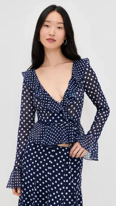 Guizio Mallorca Ruffle Wrap Top Navy Mixed Polka Dot S | Thumbnail 2 Guizio Mallorca Ruffle Wrap Top Navy Mixed Polka Dot S | Thumbnail 2