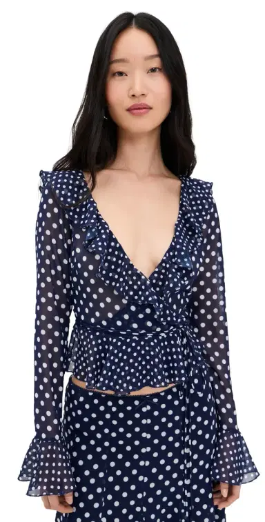 Guizio Mallorca Ruffle Wrap Top Navy Mixed Polka Dot S | Thumbnail 1 Guizio Mallorca Ruffle Wrap Top Navy Mixed Polka Dot S | Thumbnail 1