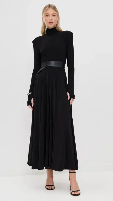 Norma Kamali Shoulder Pad Turtle Flared Dress Black | Thumbnail 2 Norma Kamali Shoulder Pad Turtle Flared Dress Black | Thumbnail 2