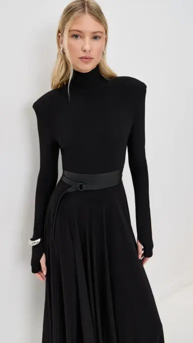 Norma Kamali Shoulder Pad Turtle Flared Dress Black | Thumbnail 6 Norma Kamali Shoulder Pad Turtle Flared Dress Black | Thumbnail 6