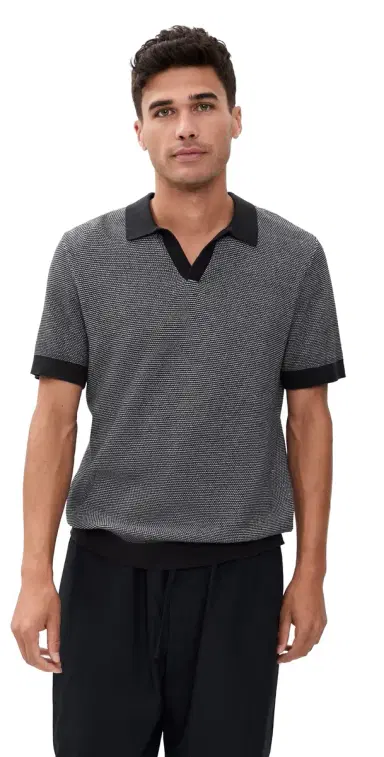 Onia Cotton Textured Johnny Collar Polo Midnight/White | Thumbnail 1 Onia Cotton Textured Johnny Collar Polo Midnight/White | Thumbnail 1