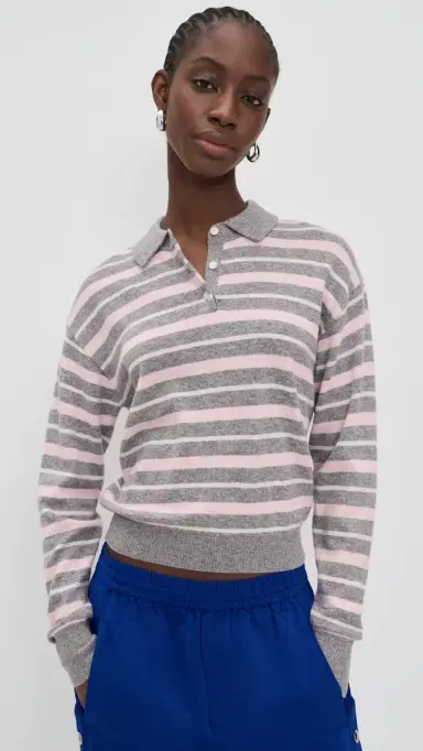 Guest in Residence Collegiate tripe Cashmere Polo Heather Grey Combo | Thumbnail 2 Guest in Residence Collegiate tripe Cashmere Polo Heather Grey Combo | Thumbnail 2