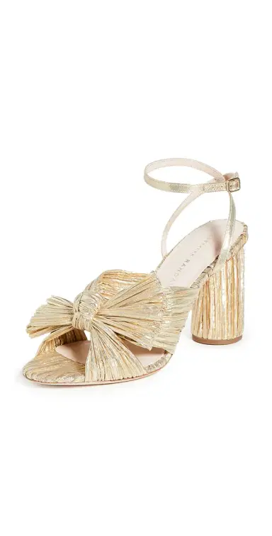 Loeffler Randall Camellia Gold Pleated Bow Heel with Ankle Strap Gold 5 | Thumbnail 1 Loeffler Randall Camellia Gold Pleated Bow Heel with Ankle Strap Gold 5 | Thumbnail 1
