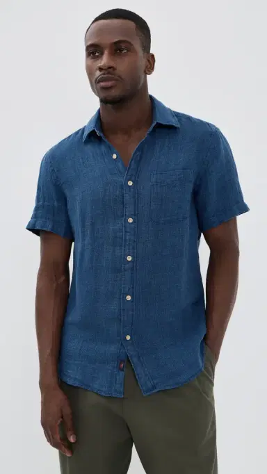Faherty Short Sleeve Palma Linen Shirt Indigo Basketweave S | Thumbnail 2 Faherty Short Sleeve Palma Linen Shirt Indigo Basketweave S | Thumbnail 2