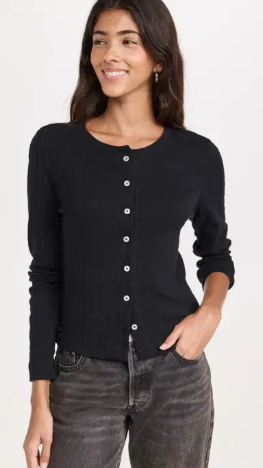 Leset Pointelle Classic Crew Cardigan Black | Thumbnail 2 Leset Pointelle Classic Crew Cardigan Black | Thumbnail 2
