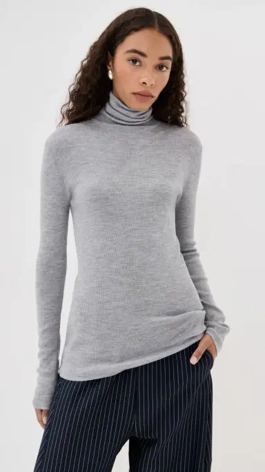 Tibi Feather Weight Ribbed Sweater Turtle Neck Pullover Heather Grey | Thumbnail 2 Tibi Feather Weight Ribbed Sweater Turtle Neck Pullover Heather Grey | Thumbnail 2