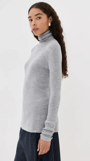 Tibi Feather Weight Ribbed Sweater Turtle Neck Pullover Heather Grey | Thumbnail 4 Tibi Feather Weight Ribbed Sweater Turtle Neck Pullover Heather Grey | Thumbnail 4