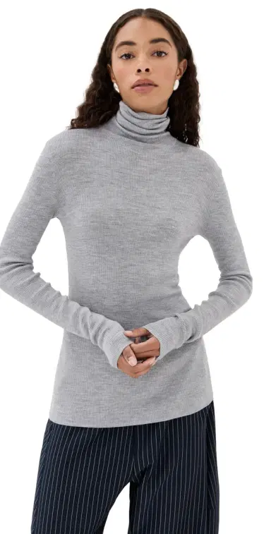 Tibi Feather Weight Ribbed Sweater Turtle Neck Pullover Heather Grey | Thumbnail 1 Tibi Feather Weight Ribbed Sweater Turtle Neck Pullover Heather Grey | Thumbnail 1