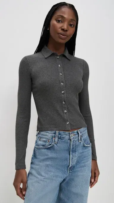 perfectwhitetee Luxe Rib Long Sleeve Button Polo Charcoal | Thumbnail 2 perfectwhitetee Luxe Rib Long Sleeve Button Polo Charcoal | Thumbnail 2