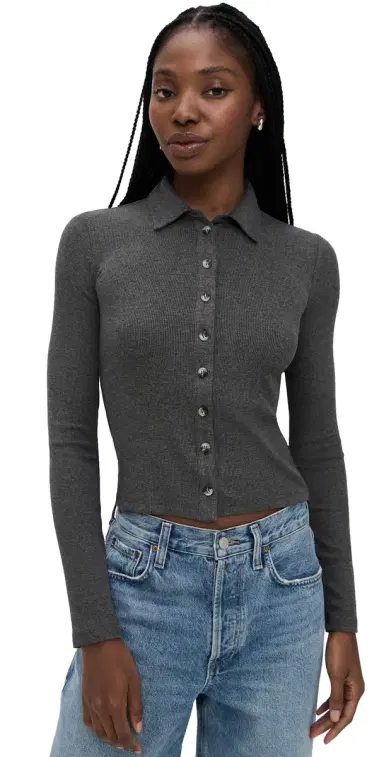 perfectwhitetee Luxe Rib Long Sleeve Button Polo Charcoal | Thumbnail 1 perfectwhitetee Luxe Rib Long Sleeve Button Polo Charcoal | Thumbnail 1