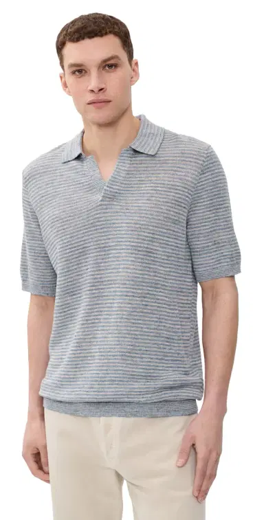 Faherty Short Sleeve Linen Sweater Polo hore Rock tripe | Thumbnail 1 Faherty Short Sleeve Linen Sweater Polo hore Rock tripe | Thumbnail 1