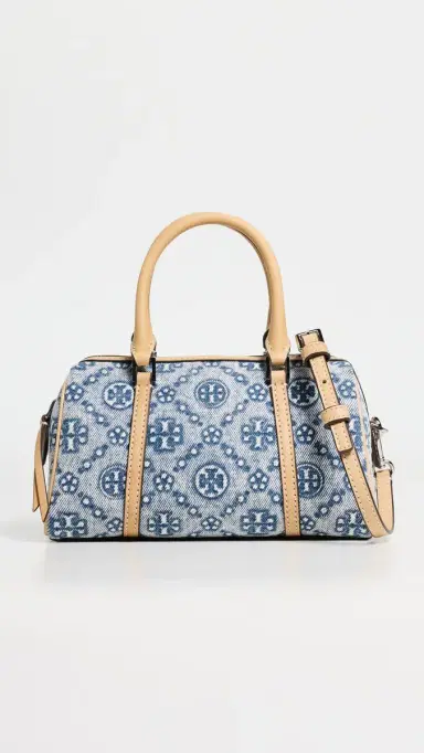 Tory Burch T Monogram Denim Mini Barrel Bag Powder Blue One Size | Thumbnail 2 Tory Burch T Monogram Denim Mini Barrel Bag Powder Blue One Size | Thumbnail 2