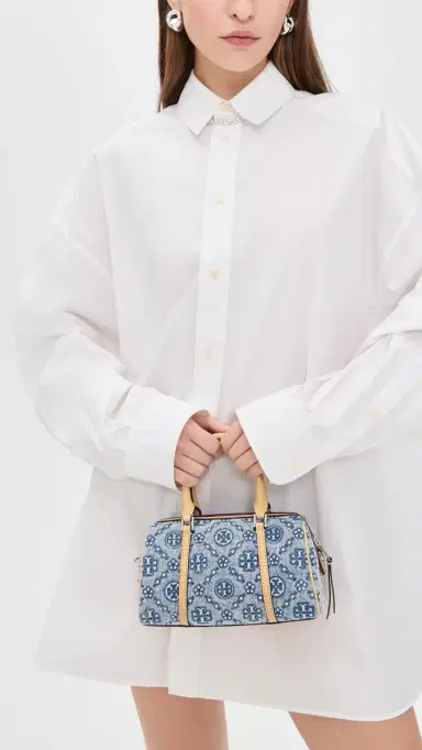 Tory Burch T Monogram Denim Mini Barrel Bag Powder Blue One Size | Thumbnail 3 Tory Burch T Monogram Denim Mini Barrel Bag Powder Blue One Size | Thumbnail 3