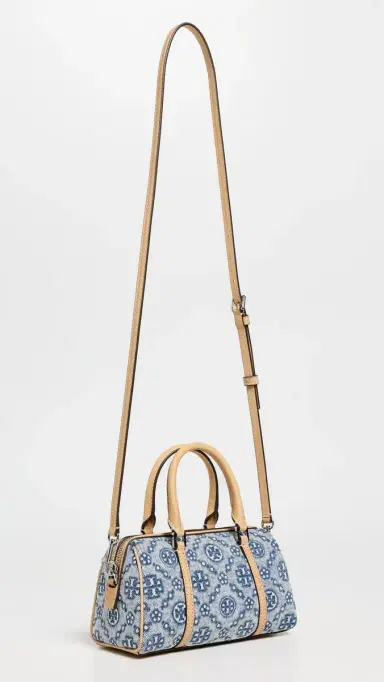 Tory Burch T Monogram Denim Mini Barrel Bag Powder Blue One Size | Thumbnail 4 Tory Burch T Monogram Denim Mini Barrel Bag Powder Blue One Size | Thumbnail 4