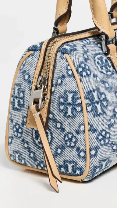 Tory Burch T Monogram Denim Mini Barrel Bag Powder Blue One Size | Thumbnail 5 Tory Burch T Monogram Denim Mini Barrel Bag Powder Blue One Size | Thumbnail 5