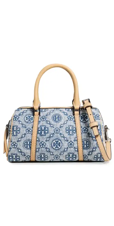 Tory Burch T Monogram Denim Mini Barrel Bag Powder Blue One Size | Thumbnail 1 Tory Burch T Monogram Denim Mini Barrel Bag Powder Blue One Size | Thumbnail 1