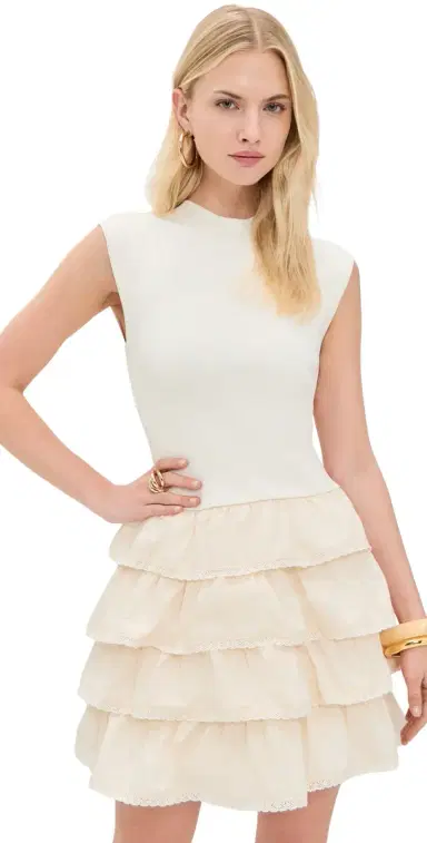 Moon River Sleeveless ayered Ruffle Mini Dress Cream | Thumbnail 1 Moon River Sleeveless ayered Ruffle Mini Dress Cream | Thumbnail 1