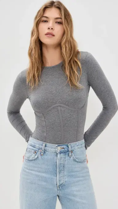 Fleur du Mal Long Sleeve T-Shirt Thong Bodysuit Heather Grey | Thumbnail 2 Fleur du Mal Long Sleeve T-Shirt Thong Bodysuit Heather Grey | Thumbnail 2