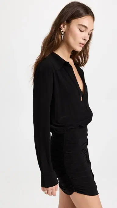 Norma Kamali Boyfriend Shirt Shirred Skirt Dress Black | Thumbnail 4 Norma Kamali Boyfriend Shirt Shirred Skirt Dress Black | Thumbnail 4