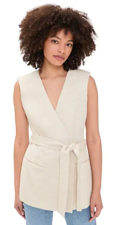 Good American Linen Blend Sleeveless Belted Vest Oat | Thumbnail 1 Good American Linen Blend Sleeveless Belted Vest Oat | Thumbnail 1
