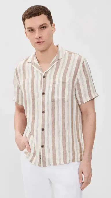 Faherty hort leeve Palma Linen Camp hirt Island Brown tripe | Thumbnail 2 Faherty hort leeve Palma Linen Camp hirt Island Brown tripe | Thumbnail 2
